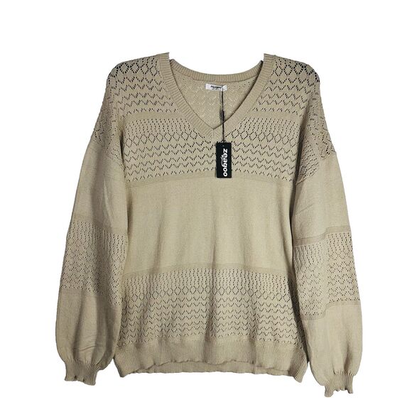 Zeagood Women XL Khaki Eyelet Sweater V-Neck Drop Shoulder Dressy Knit Top - Picture 1 of 4